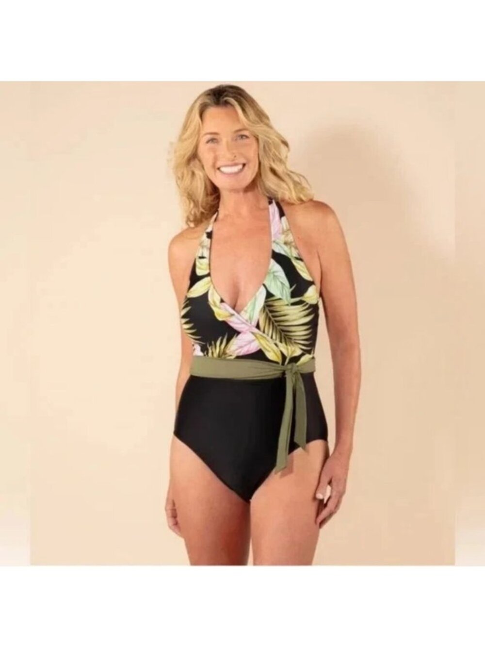 Lands End size XL one-piece swimsuit black bottom with tropical print NEW